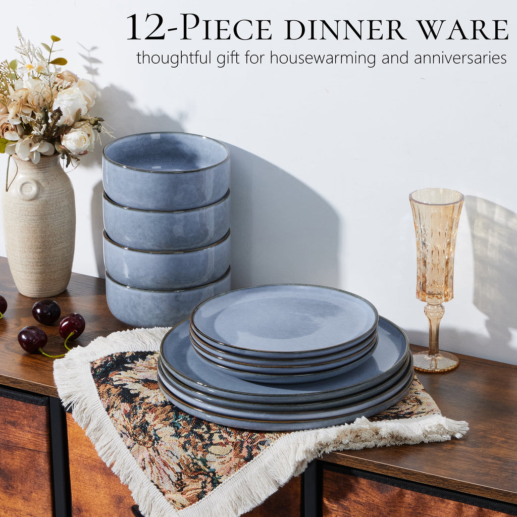 Vesteel Dinnerware Sets for 4, 12-Piece Stoneware Dish and Bowls Set, Handmade Reactive Glaze Coupe Plates Set for Family, Chip & Scratch Resistant - Matte Black