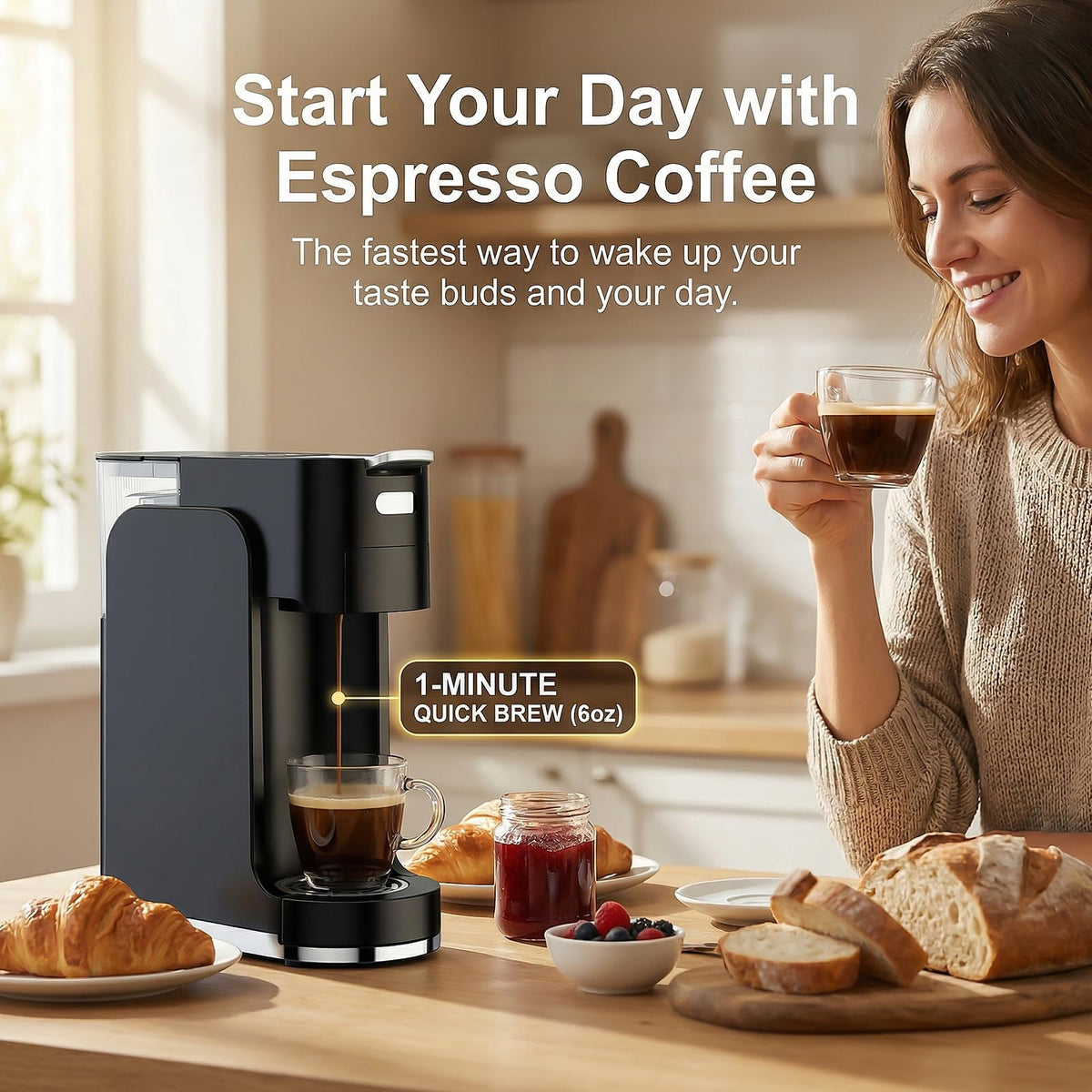 GVODE 4-in-1 Single Serve Coffee Maker, 3-Second Heat-Up, 20 Bar Hot and Iced Espresso Machine, Black