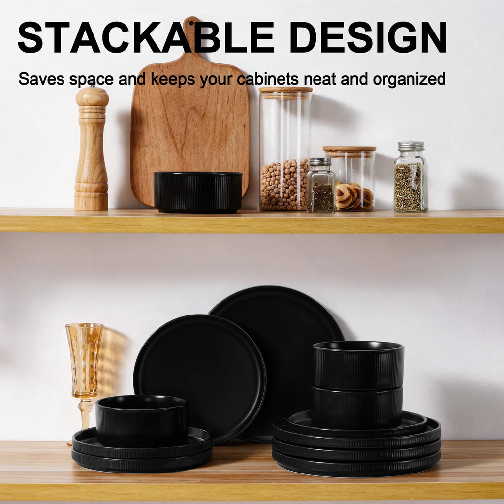 Vesteel 12 Pieces Dinnerware Set for 4, Premium Stoneware Ribbed Dishes, Chip & Scratch Resistant Plates and Bowls Set for Home Restaurant, Microwave and Dishwasher Safe - Speckled White