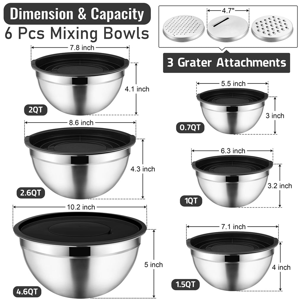 Mixing Bowls with Lids Set of 9, Vesteel Stainless Steel Mixing Bowls Metal Nesting Salad Bowls Attach with 3 Graters for Kitchen Grating/ Shredding, Size 4.6, 2.6, 2, 1.5, 1, 0.7 QT - Multi-Color