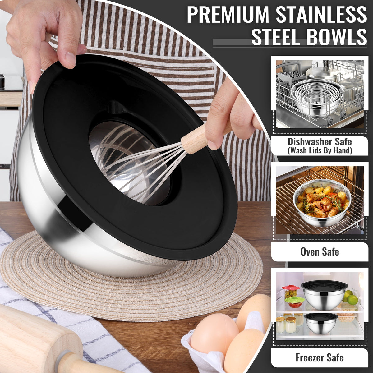 Mixing Bowls with Lids Set of 9, Vesteel Stainless Steel Mixing Bowls Metal Nesting Salad Bowls Attach with 3 Graters for Kitchen Grating/ Shredding, Size 4.6, 2.6, 2, 1.5, 1, 0.7 QT - Multi-Color