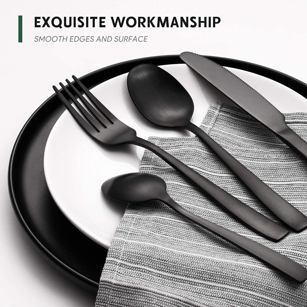 Black Flatware Set, AOKIWO 48-Piece 18/8 Stainless Steel Tableware Silverware with Steak Knives for Kitchen Restaurant, Mirror Polished ,Dishwasher