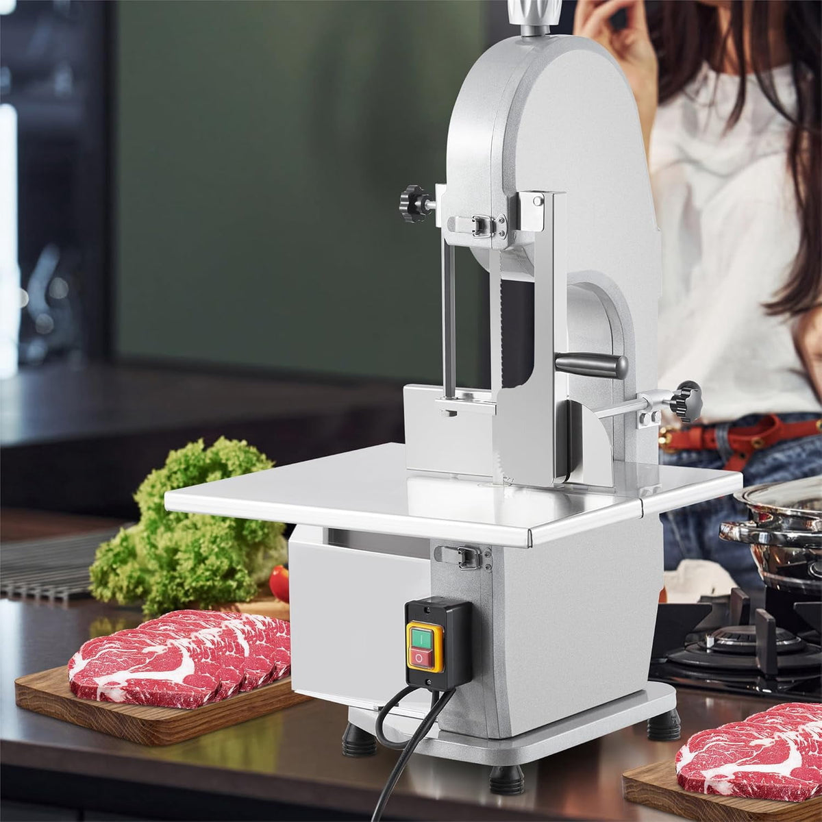 Memoryfield 1100W Electric Bone Saw Machine for Frozen Meat, 0.16-7.09" Cutting Thickness, 19.3" x 15" Tabletop Meat Cutter with 5 Blades for Beef, Chicken, Fish & Trotters