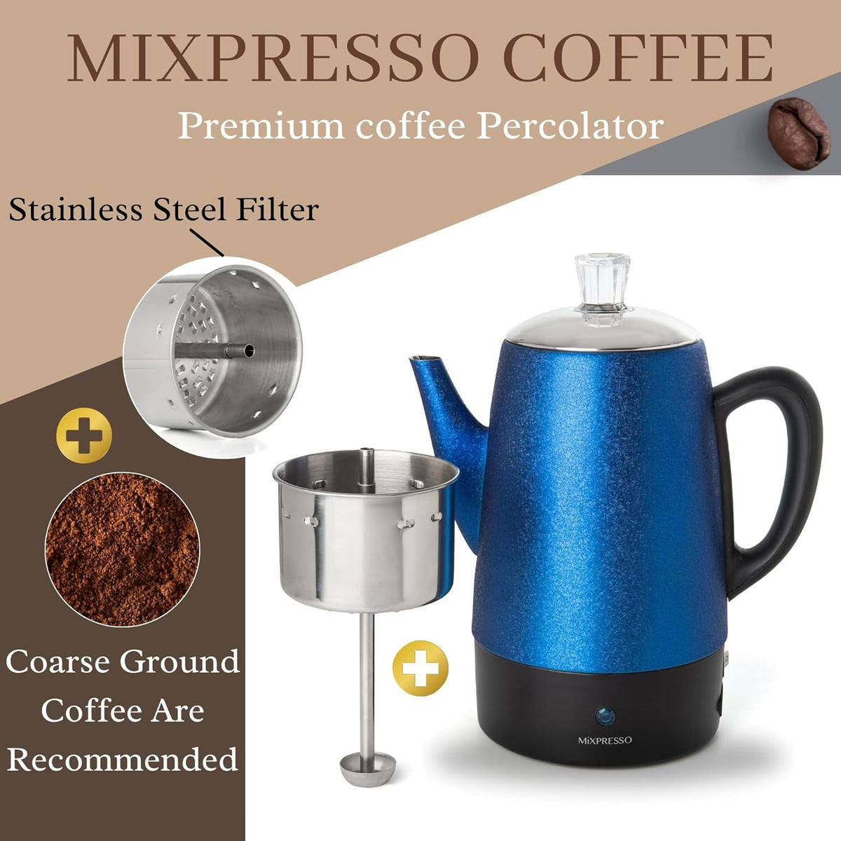 Mixpresso Percolator Coffee Pot Electric 10 Cup, Stainless Steel Coffee Maker, Coffee Percolator Electric With Keep Warm Function, 10 Cups Stainless Steel Perculator With Basket (Shiny Blue)