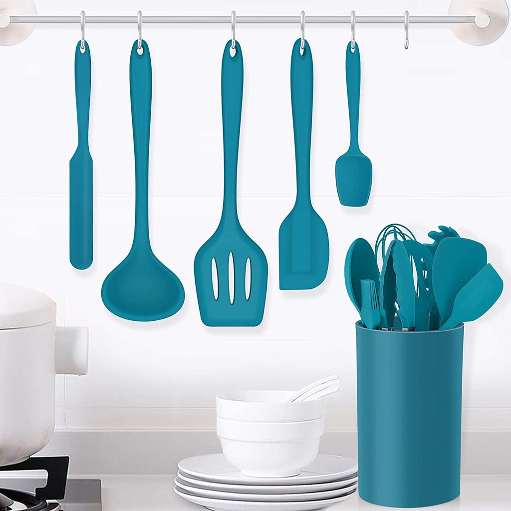 Walchoice 14 Pcs Cooking Utensils Set with Holder, Heat Resistant Silicone Kitchen Cookware Utensils Set, Kitchen Cooking Tools Includes Spatula Spoon Turner Whisk Tong, Dishwasher safe, Red