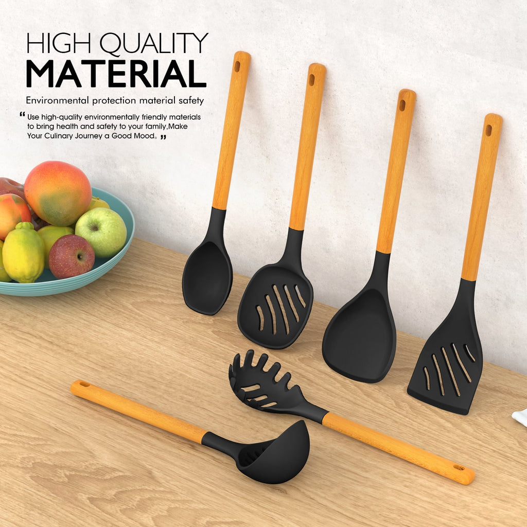 Silicone Kitchen Utensils Set, 600°F Heat Resistant Silicone Cooking Utensils, Spatula, Spoon, Whisk, Tongs, Kitchen Gadgets Tools Sets for Nonstick Cookware, Dishwasher Safe BPA Free (Black)