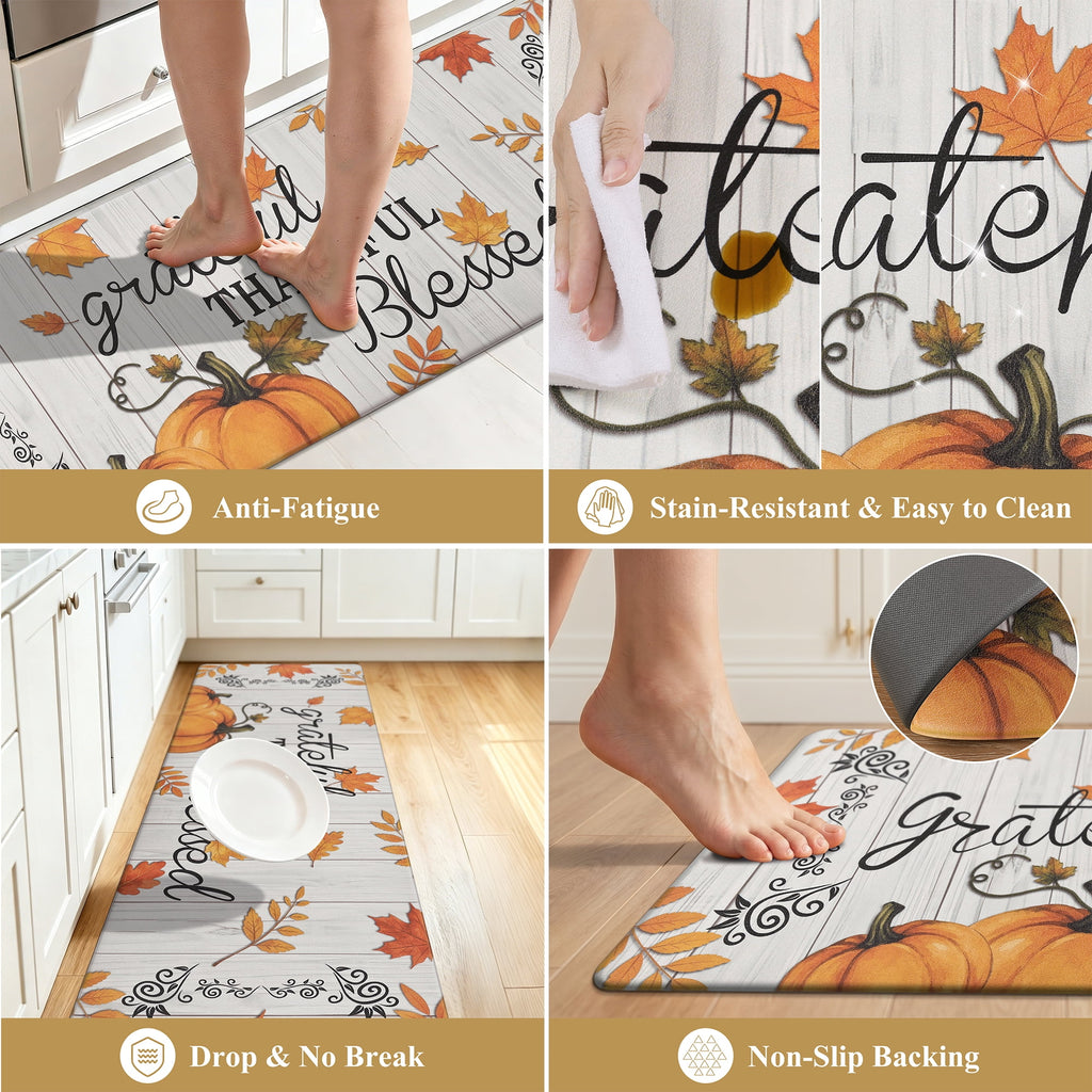 MeyJey Farmhouse Kitchen Rug Set of 2, Non-Slip Anti-Fatigue Waterproof Cushioned Mat for Kitchen, Dining & Laundry Room, 18"x30"+18"x48" Teal/Brown