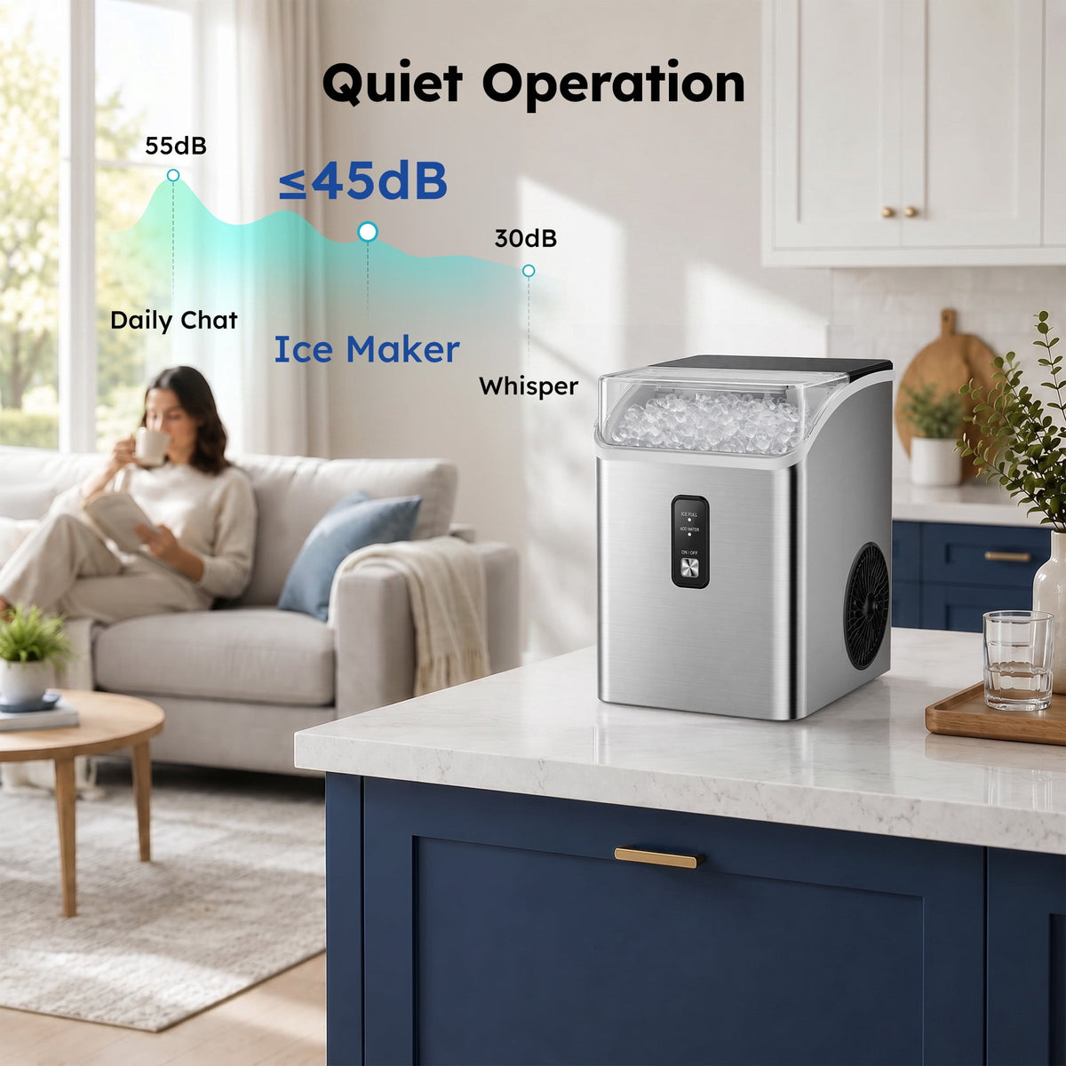 SIMZLIFE Countertop Nugget Ice Maker, 35 Lbs/24H Soft Chewable Pellet Ice, Ready in 7 Minutes, Self-Cleaning Ice Machine, Stainless Steel