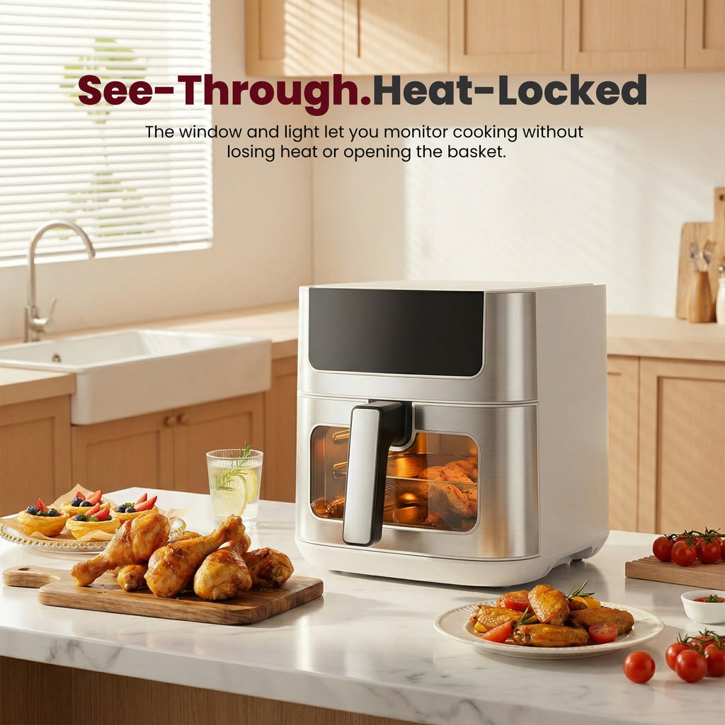 EDX 6QT Stainless Steel Air Fryer with Digital Touchscreen, 1500W, 8 Presets, Dishwasher Safe Basket, 90 Min Timer, 24H Delay Start, Gray