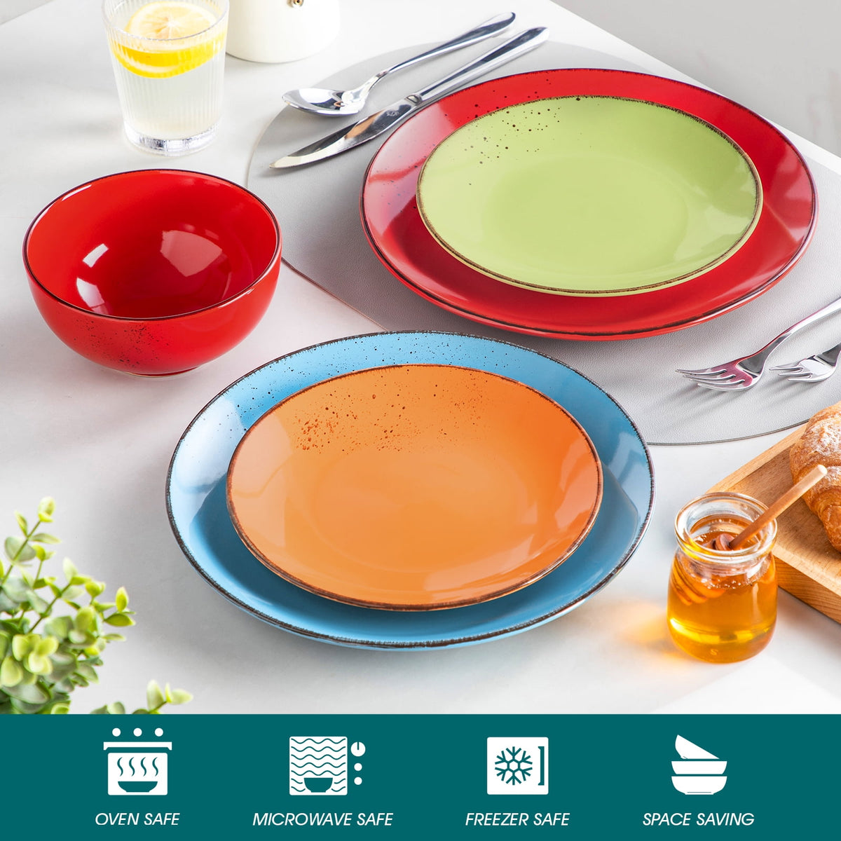 Malacasa 12 Pcs Dinnerware Sets, Ceramic Plates and Bowls Set for 4 with Reactive Glaze & Speckled Finish, Dish Sets, Dishwasher & Microwave Safe, Light Colors