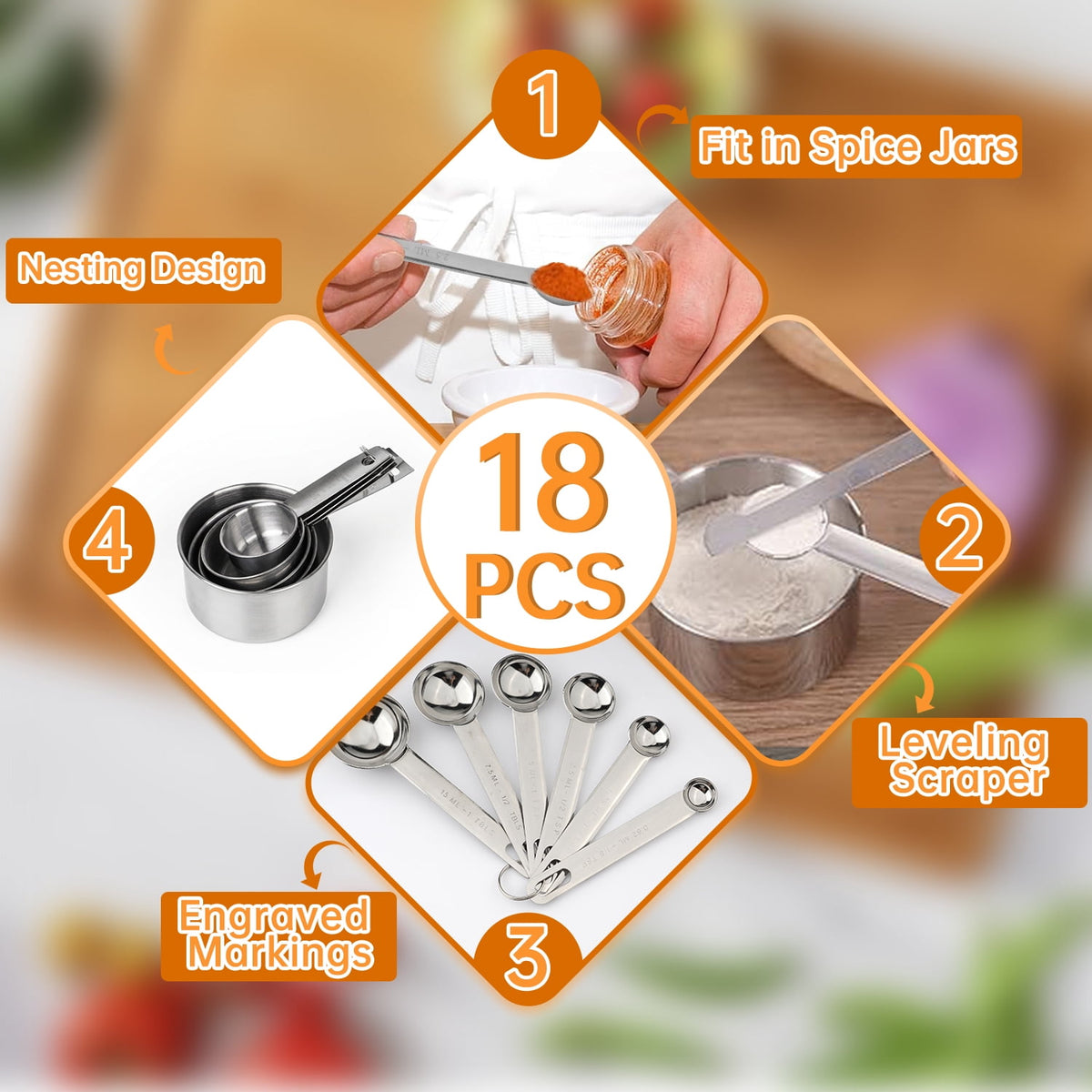 WEPSEN 18-Piece Stainless Steel Measuring Cups and Spoons Set,5 Stainless Steel Nesting Measuring Cups & 6 Spoons,1 Leveler & 5Mini Measuring Spoons,1Tbsp Coffee Scoop with Clip for Cooking & Baking