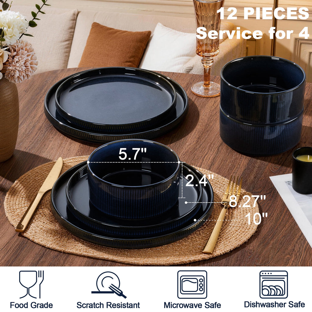 Vesteel 12 Pieces Dinnerware Set for 4, Premium Stoneware Ribbed Dishes, Chip & Scratch Resistant Plates and Bowls Set for Home Restaurant, Microwave and Dishwasher Safe - Speckled White