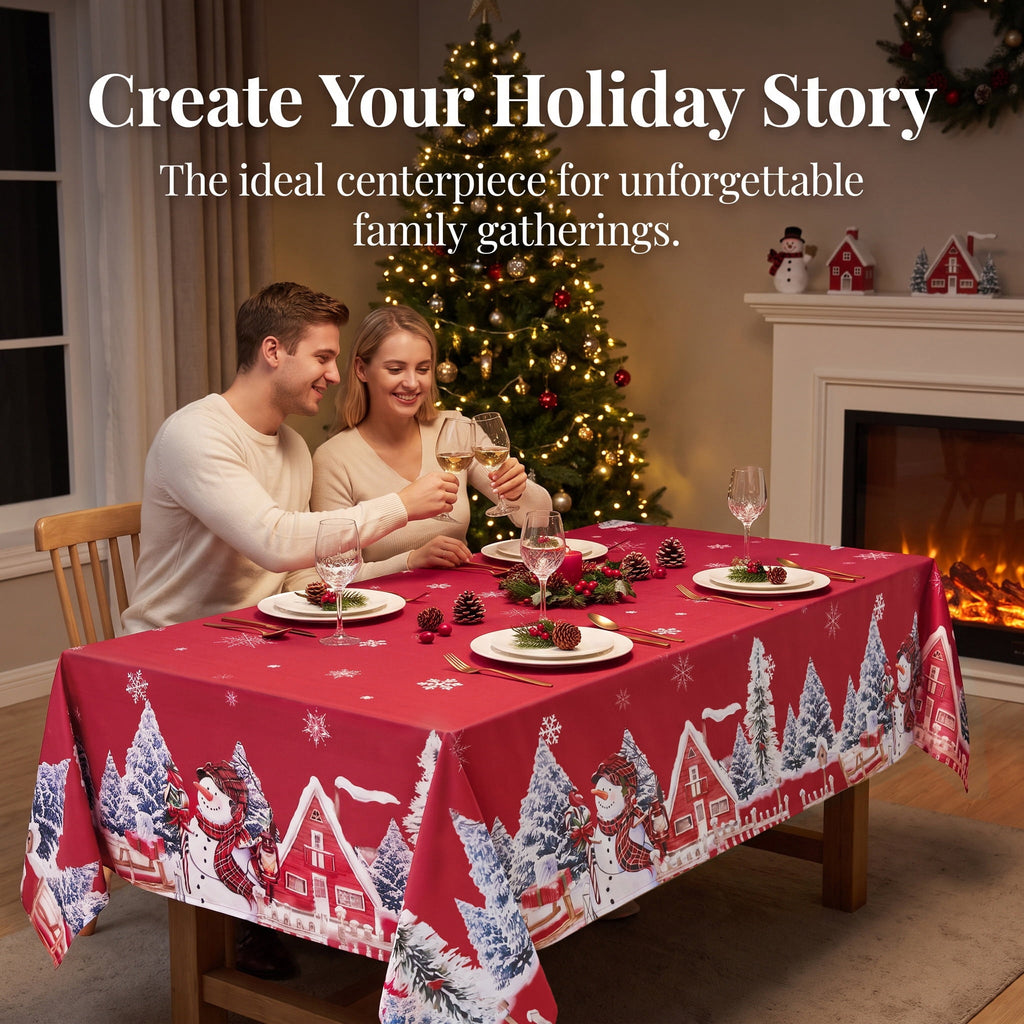 LUSHVIDA Christmas Tablecloth Rectangle, Winter Snowman House Christmas Trees Red Washable Table Cover for Party Picnic Dinner Decor, 60" x 84"
