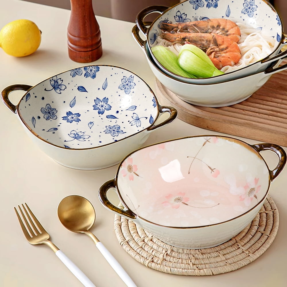 MYVIT Decorative Serving Bowl - 24oz Ceramic Soup Bowl with Handle Ramen Bowl for Salad,Pasta,Cereal,700ML Porcelain Stoneware Kitchen Dish