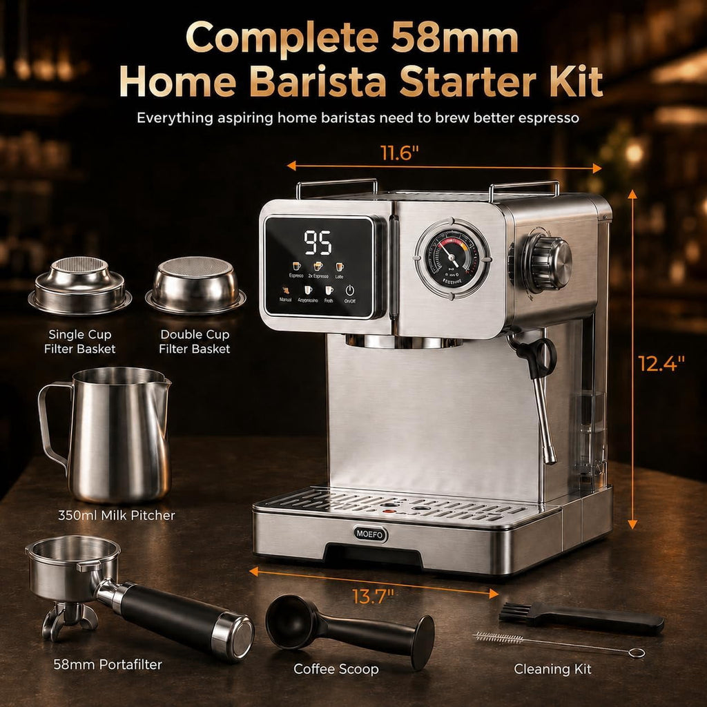 MOEFO 58mm Espresso Machine with Milk Frother, Semi Automatic Coffee Maker with Touchscreen LCD Display & Pressure Gauge, Stainless Steel Espresso Maker for Latte, Cappuccino and Americano, Silver