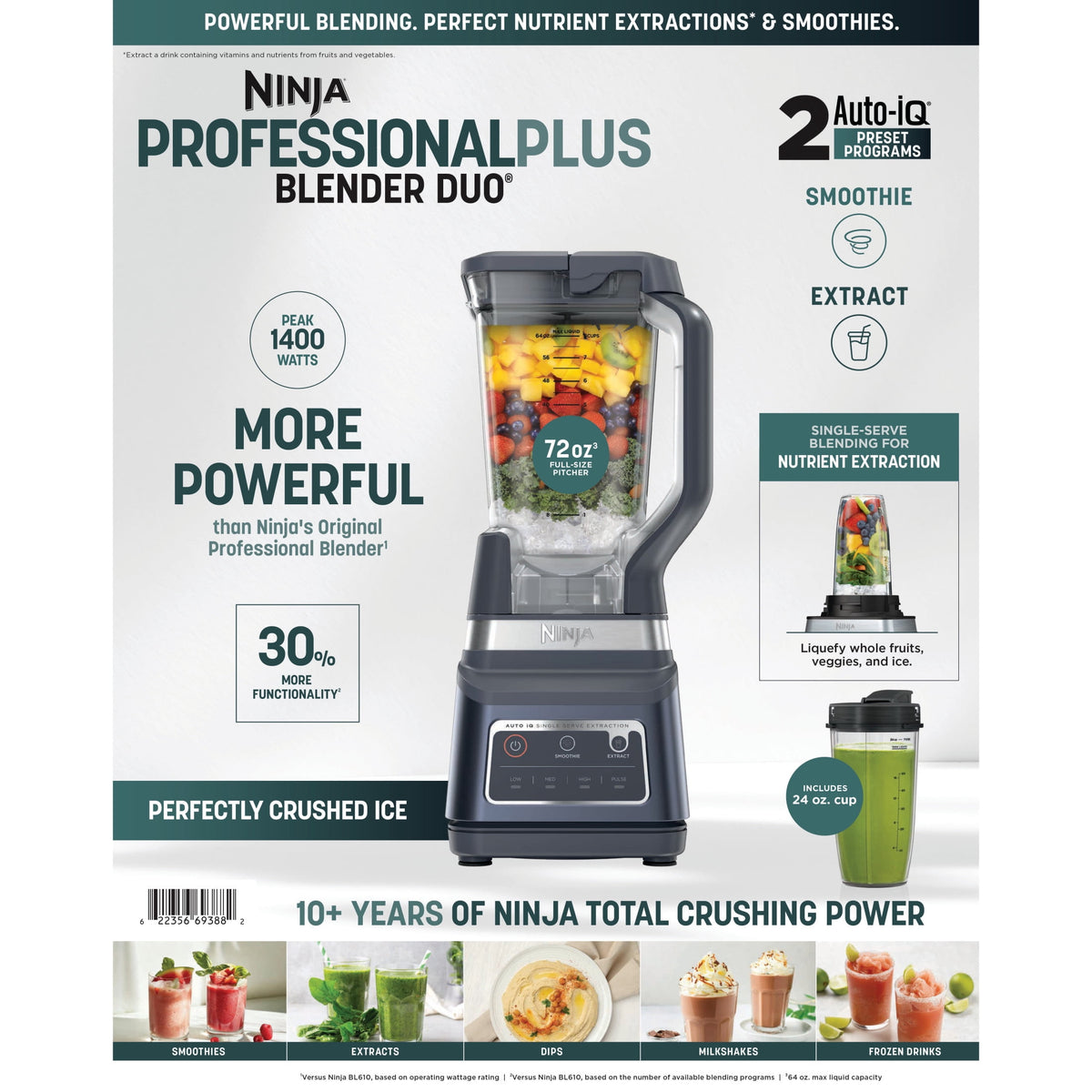 Ninja Professional Plus DUO 72-Oz Blender, Smoothies, Ice Crush, 2 Auto-iQ Preset Programs, 4 Speeds, 1400PW, BN750WH White