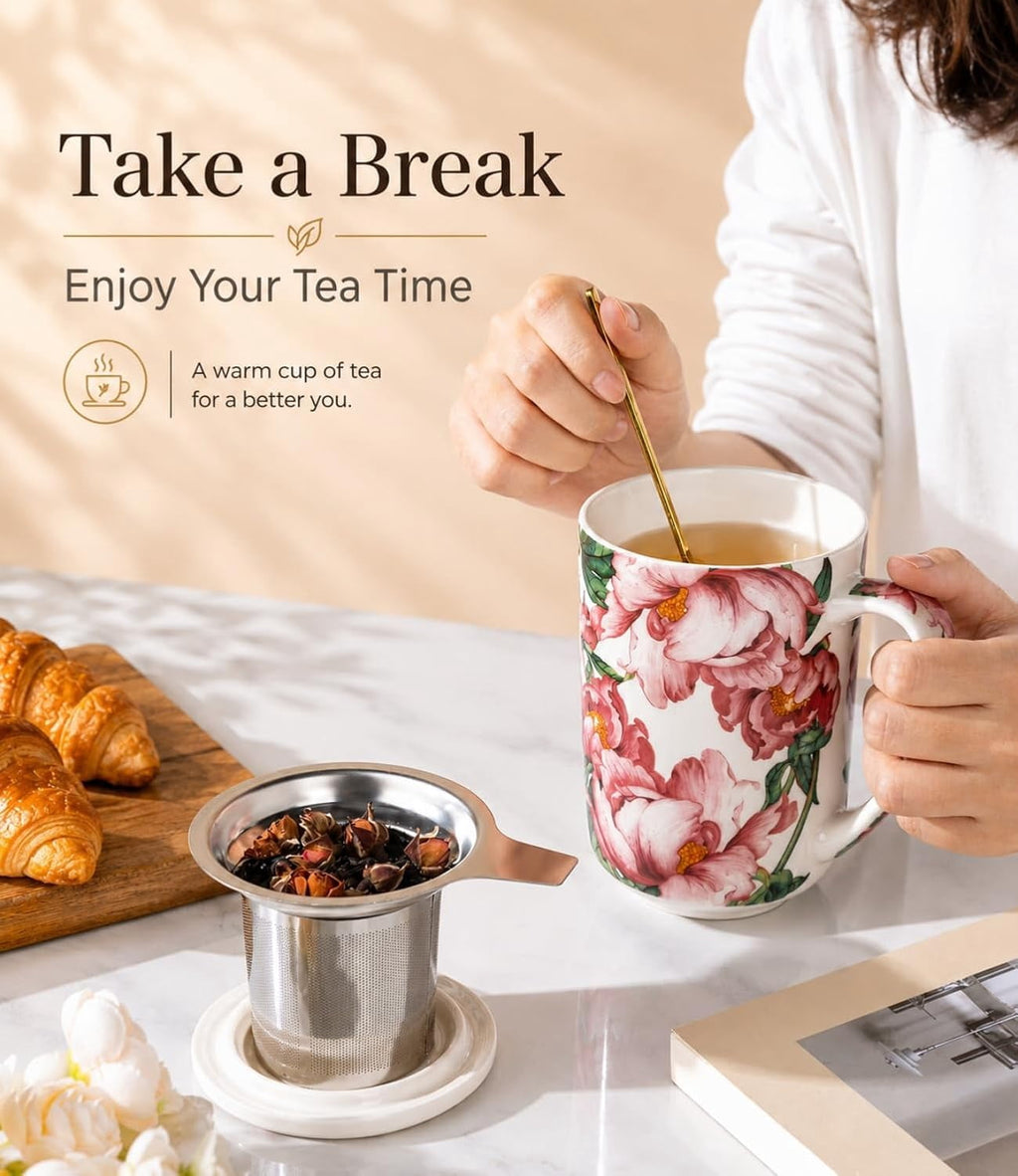 AmorArc Porcelain Tea Mug with Infuser and Lids, 18 Oz Cup Strainer Bag Holder for Loose Leaf Tea, Steeping Coffee Well-wrapped Box House-warming Wedding Birthday Gift, YelloRed