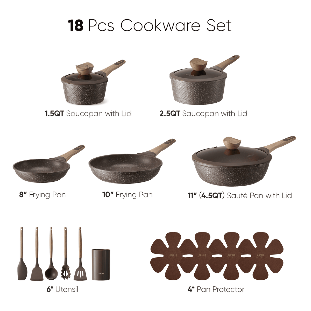 Carote 18-Piece Nonstick Pots and Pans, Granite Cookware Set with Kitchen Utensils, Brown