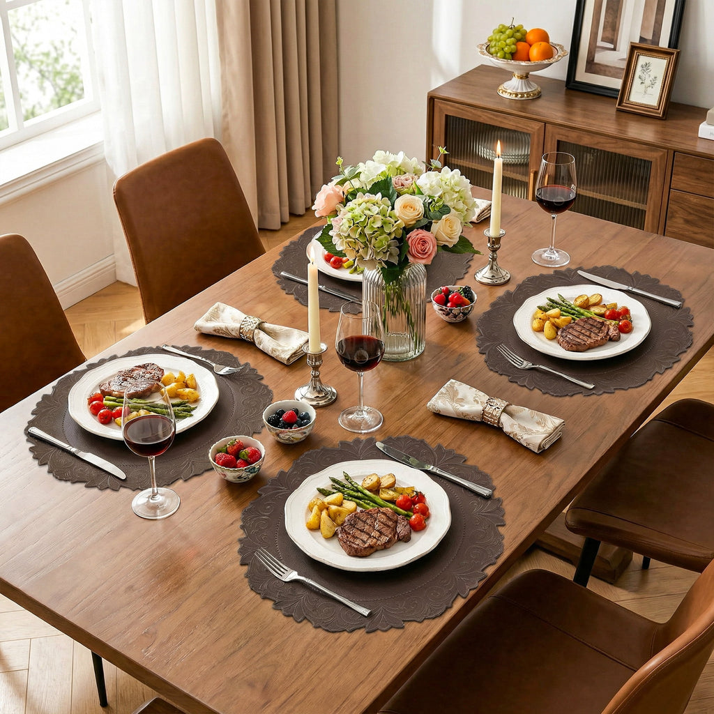 VCVCOO Placemats Set of 4 Beige Leather Place Mats Waterproof Wipeable Heat Resistant Sturdy Rectangle Kitchen Dining Table Mats for Indoor Outdoor Reversible Easy to Clean Place Mats