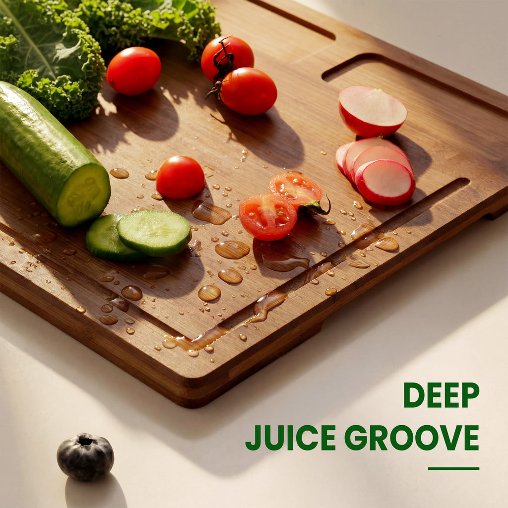 Kikcoin Cutting Board Set of 3, Bamboo Cutting Boards for Kitchen, Non-slip Wooden Chopping Boards with Juice Grooves, Reversible Charcuterie Board for Fruit, Meat