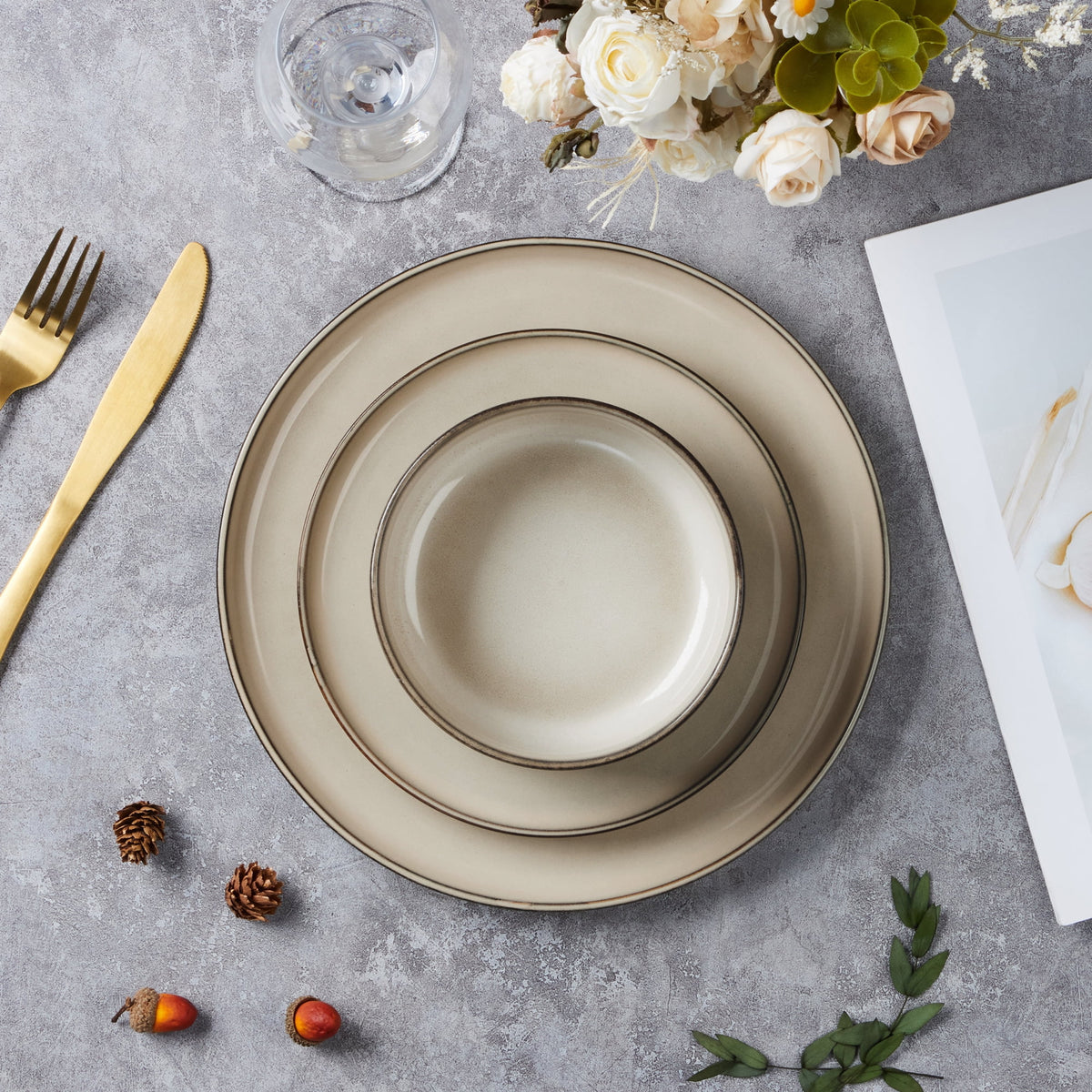 Vesteel Dinnerware Sets for 4, 12-Piece Stoneware Dish and Bowls Set, Handmade Reactive Glaze Coupe Plates Set for Family, Chip & Scratch Resistant - Matte Black