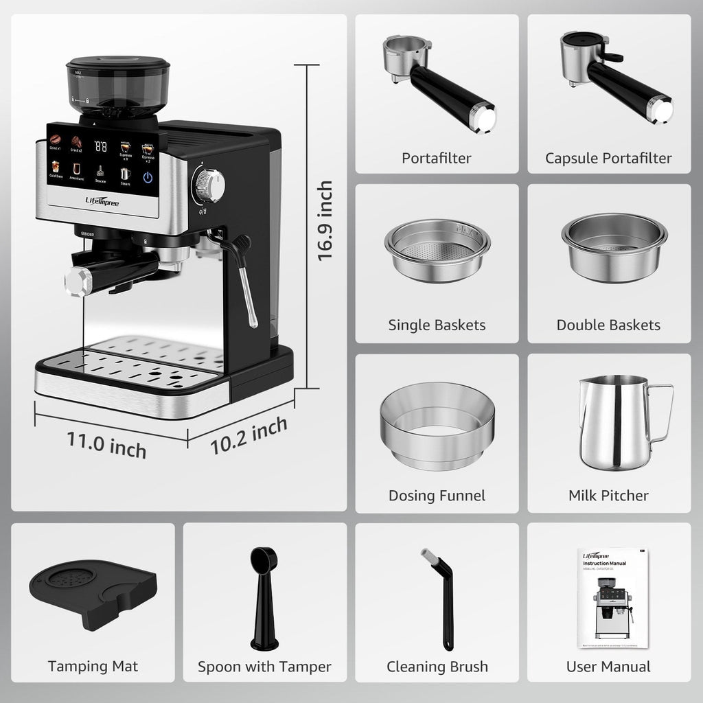 LifeImpree Espresso Machine with Grinder, 20 Bar Coffee Machine for Home with Powerful Milk Frother Steam Wand, 30 Grind Settings, 1550W Coffee Maker with Portafilter for Capsules