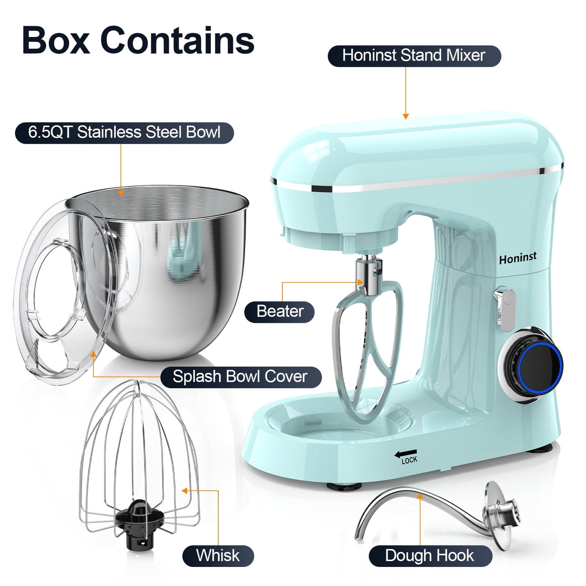 Honinst 6.5 QT Electric Stand Mixer, 10+P Speeds Lightweight with Tilt-Head Kitchen Stand Mixer, Dough Hook, Whisk, Beater and Bowl, Food Mixer for Baking, Cake and Most Home Cooks
