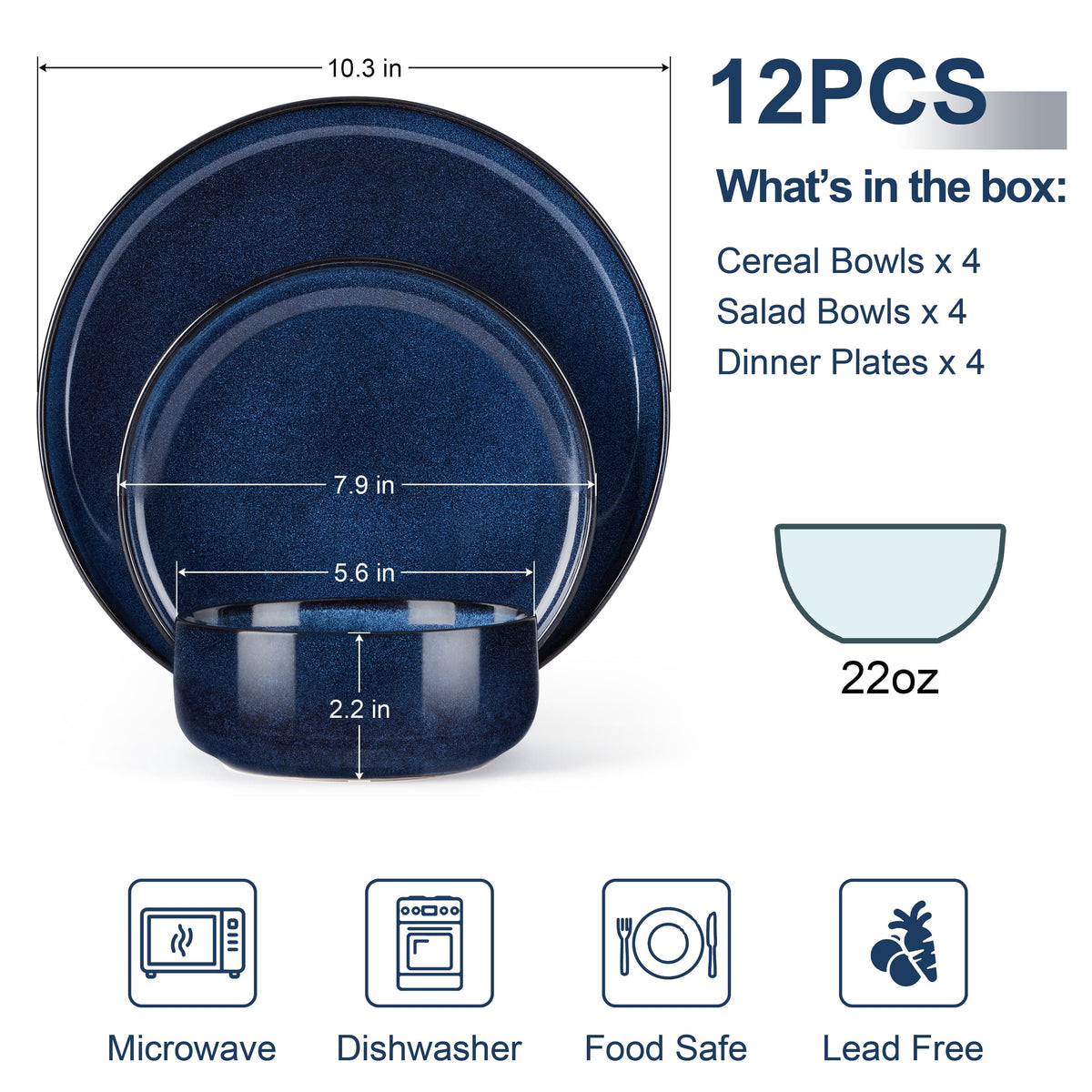 Vesteel Dinnerware Sets for 4, 12-Piece Stoneware Dish and Bowls Set, Handmade Reactive Glaze Coupe Plates Set for Family, Chip & Scratch Resistant - Matte Black