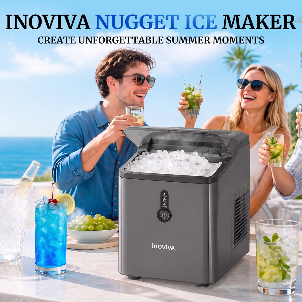 Inoviva Countertop Nugget Ice Maker, 26.5LBS/Day, Ice Ready in 6 Mins, One-Click Self-Cleaning for Home, Office & RV