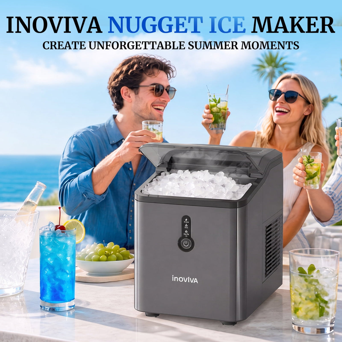 Inoviva Countertop Nugget Ice Maker, 26.5LBS/Day, Ice Ready in 6 Mins, One-Click Self-Cleaning for Home, Office & RV