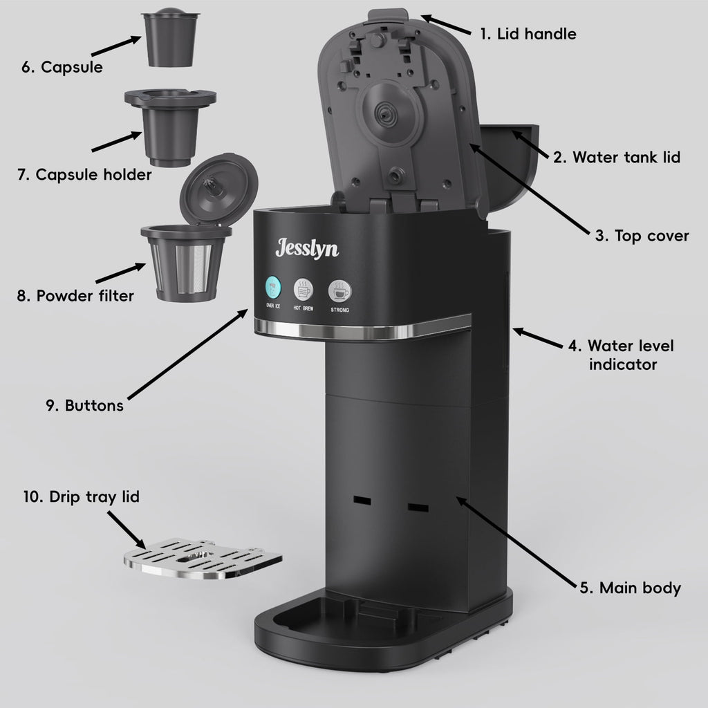 Jesslyn Single Serve Coffee Maker Compatible with K Cup Capsules & Grounds, Black