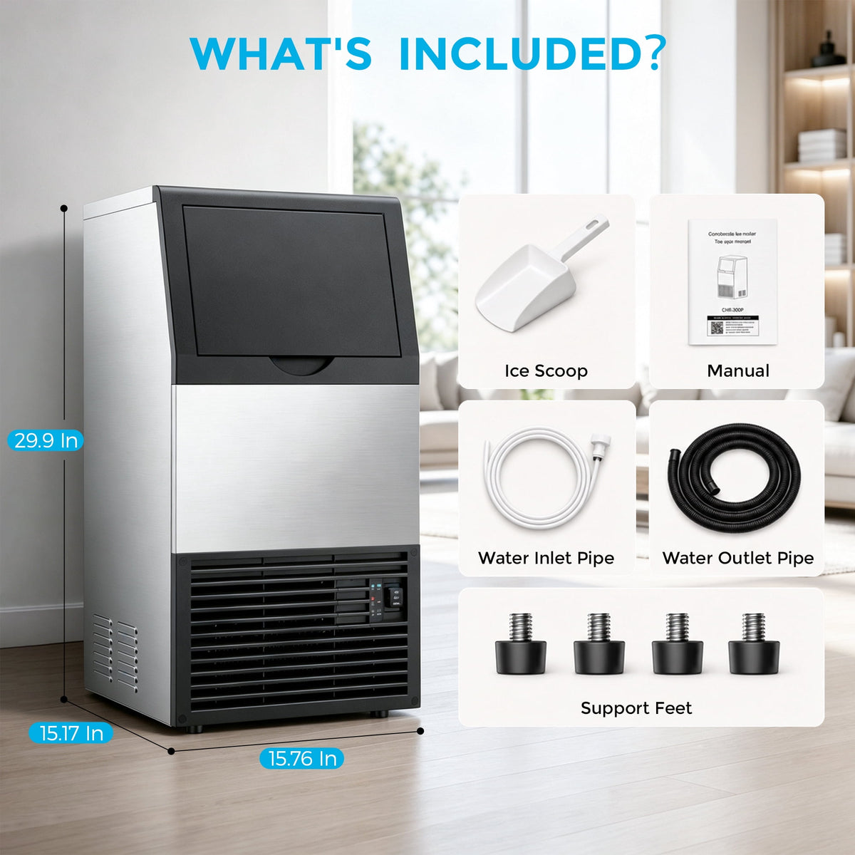 Snowyermine Residential/Commercial Ice Maker, 100 lbs/24H, 33 lb Storage Bin,Built-In or Freestanding Under Counter Ice Machine, Self-Cleaning for Restaurant, Bar, Cafe & Home, Silver