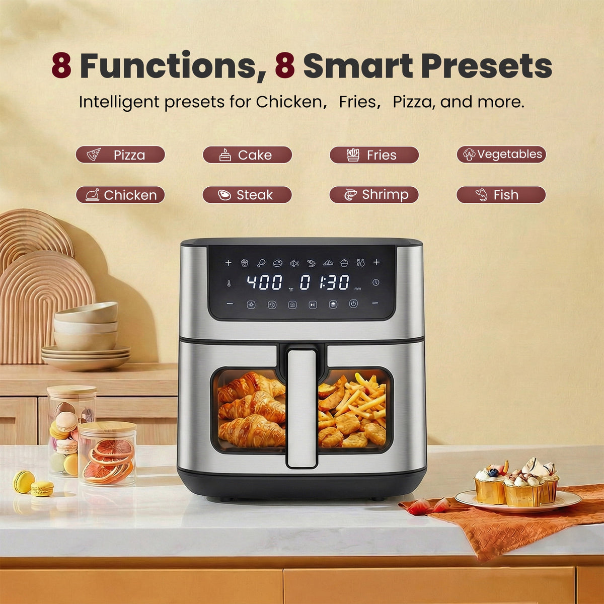 EDX 6QT Stainless Steel Air Fryer with Digital Touchscreen, 1500W, 8 Presets, Dishwasher Safe Basket, 90 Min Timer, 24H Delay Start, Gray