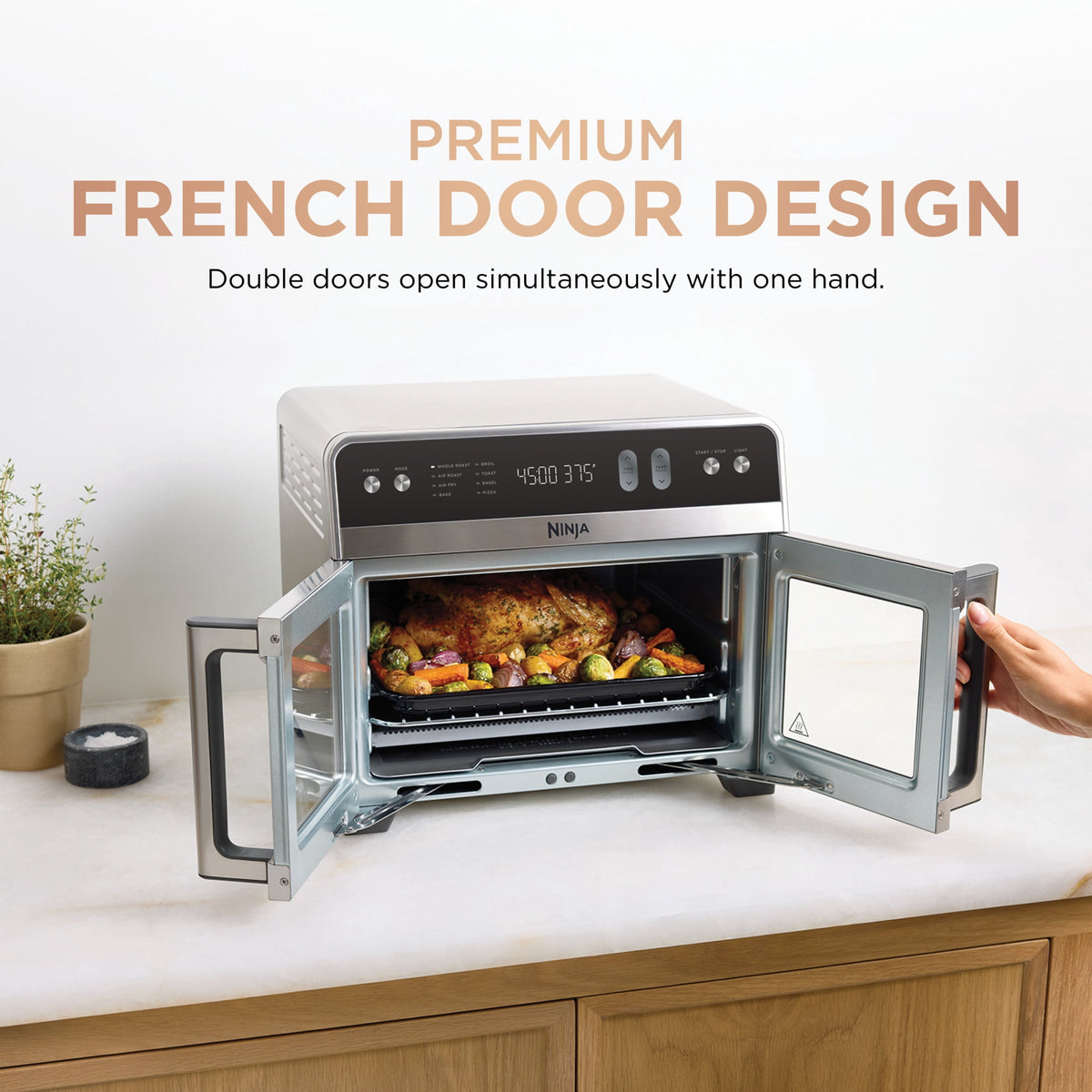Ninja French Door 8-in-1 Countertop Oven, with Smart Surroundair Technology and Air Fry Function, Dishwasher Safe, 6 Pieces, FO100 Silver