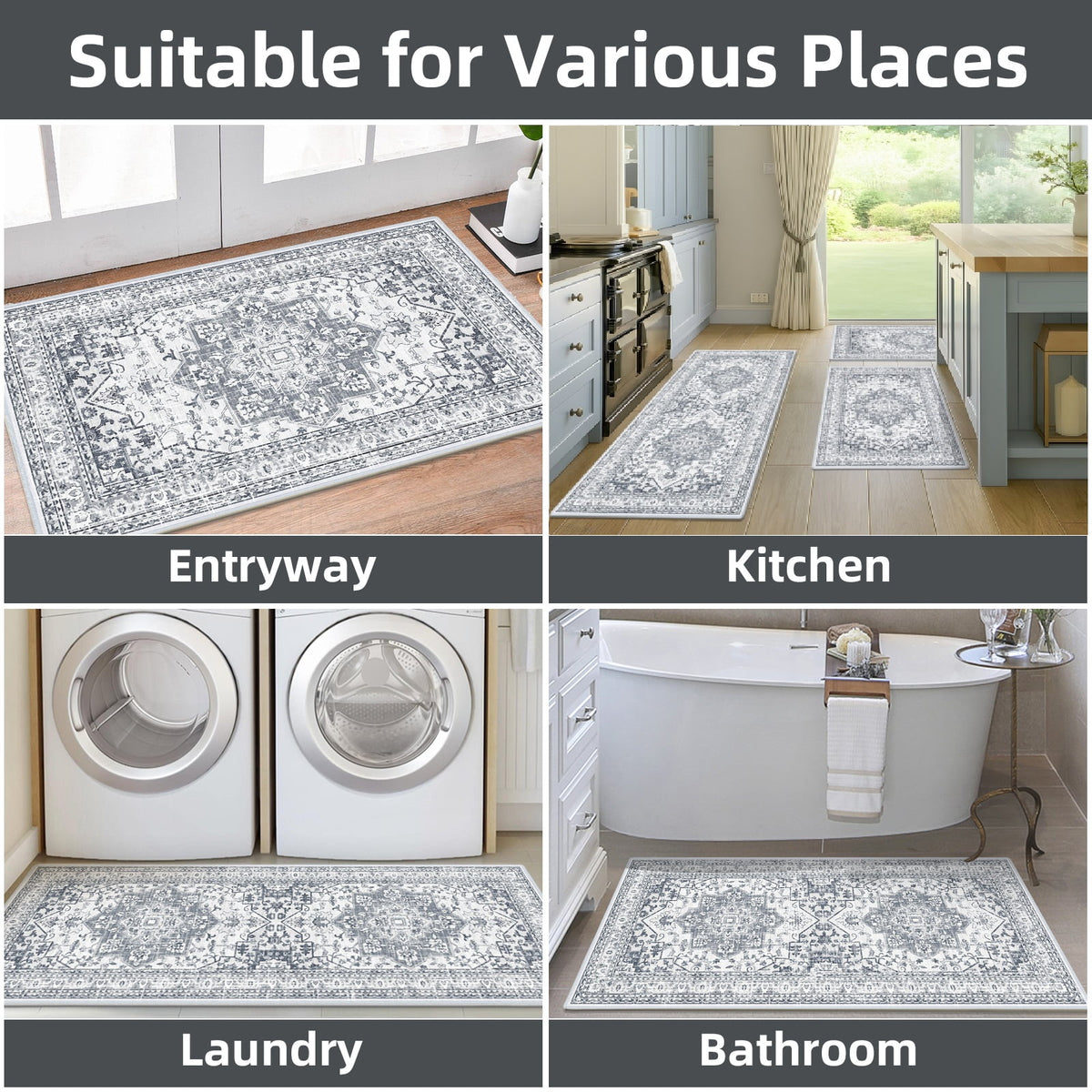Findosom 3pcs Kitchen Rugs Set,Washable Boho Farmhouse Kitchen Mats for Floor,Non Slip Kitchen Floor Mat Carpet Runner Rugs for Entryway Hallway Laundry Home Decor 20"x32"+20"x32"+20"x47" Gray