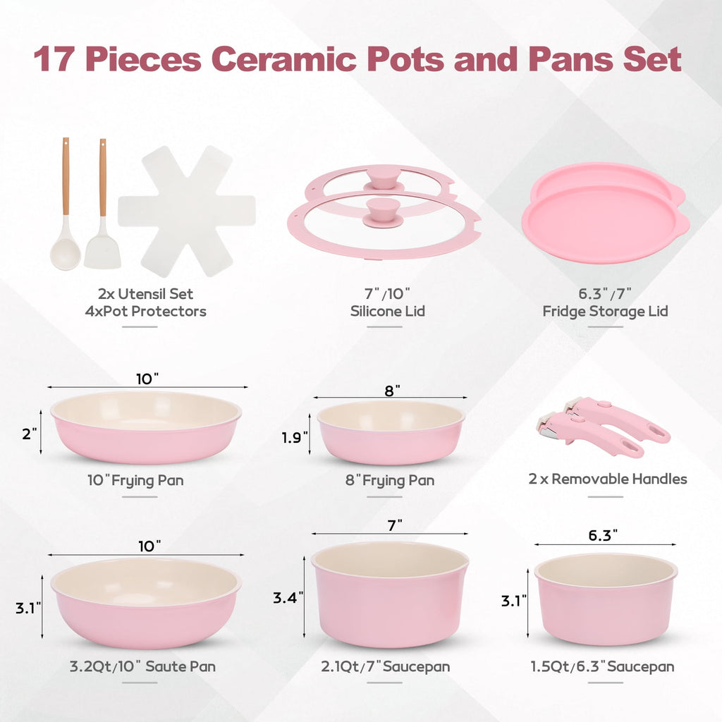 17 Piece Ceramic Pots and Pans Set Non Stick, Cookware Set with Detachable Handle, Oven Safe, Induction Ready, Stackable RV Kitchen Cooking Set Removable Handles, Cream White