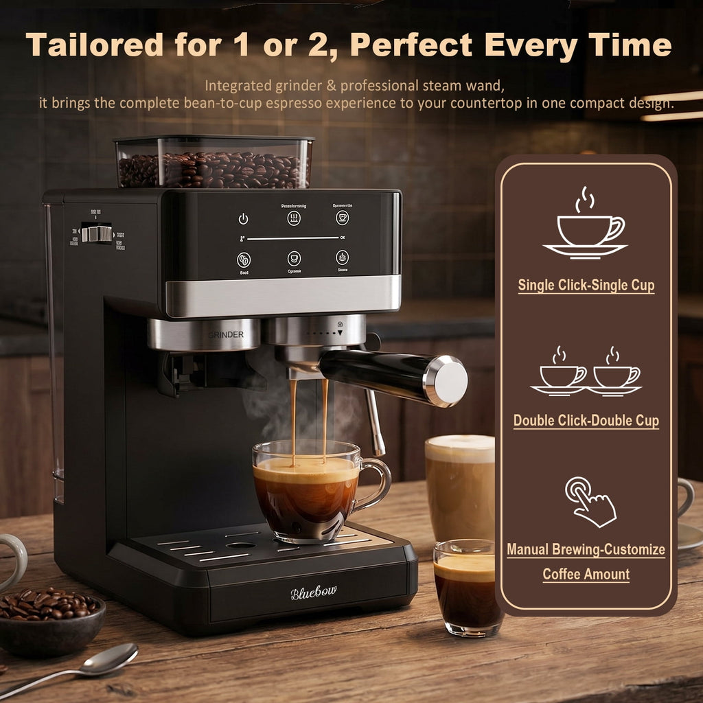 Bluebow Espresso Machine with Grinder, 20 Bar Semi-Automatic Coffee Maker with Milk Frother, Electric Touchscreen for Home Latte Cappuccino, Black