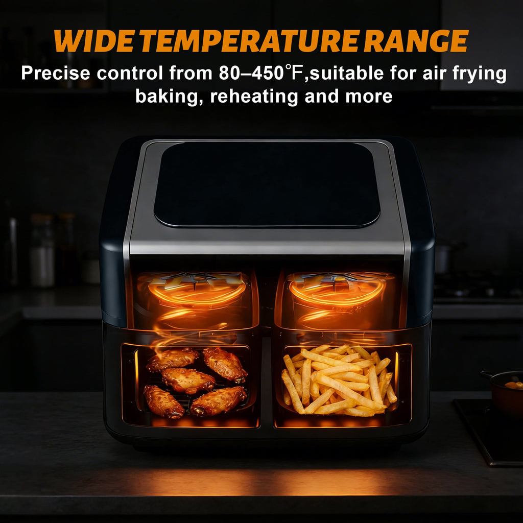 EDX 9QT Dual Basket Stainless Steel Air Fryer with Digital Sync & Match Cook, 1700W, 10 Presets, 2 Independent Cooking Zones, Shake Reminder, Black