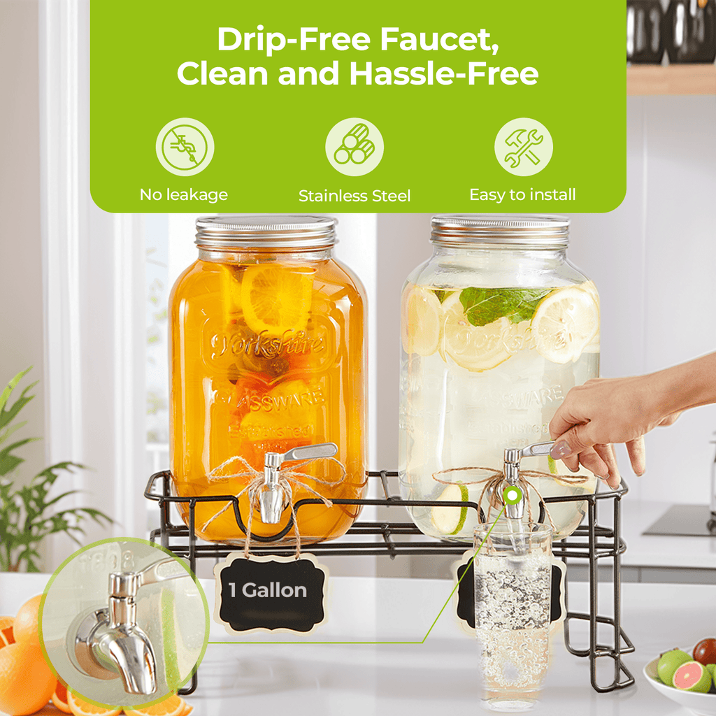 Beverage Dispenser, 2 Pack 1 Gallon Drink Dispensers for Parties, with Leakproof Stainless Steel Spigot, Stand, Infuser, for Christmas, BBQ, Picnic, Lemonade, Cocktails