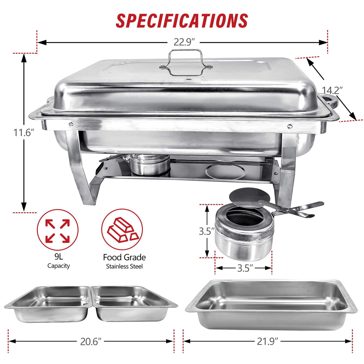 Jacgood 5 Pack Chafing Dish Buffet Set 8Qt. Foldable Rectangular Chafer Set, Stainless Steel Catering Warmer Set W/Full Size Water Pan, Food Pan, Fuel Holder for Cooked Food Insulation