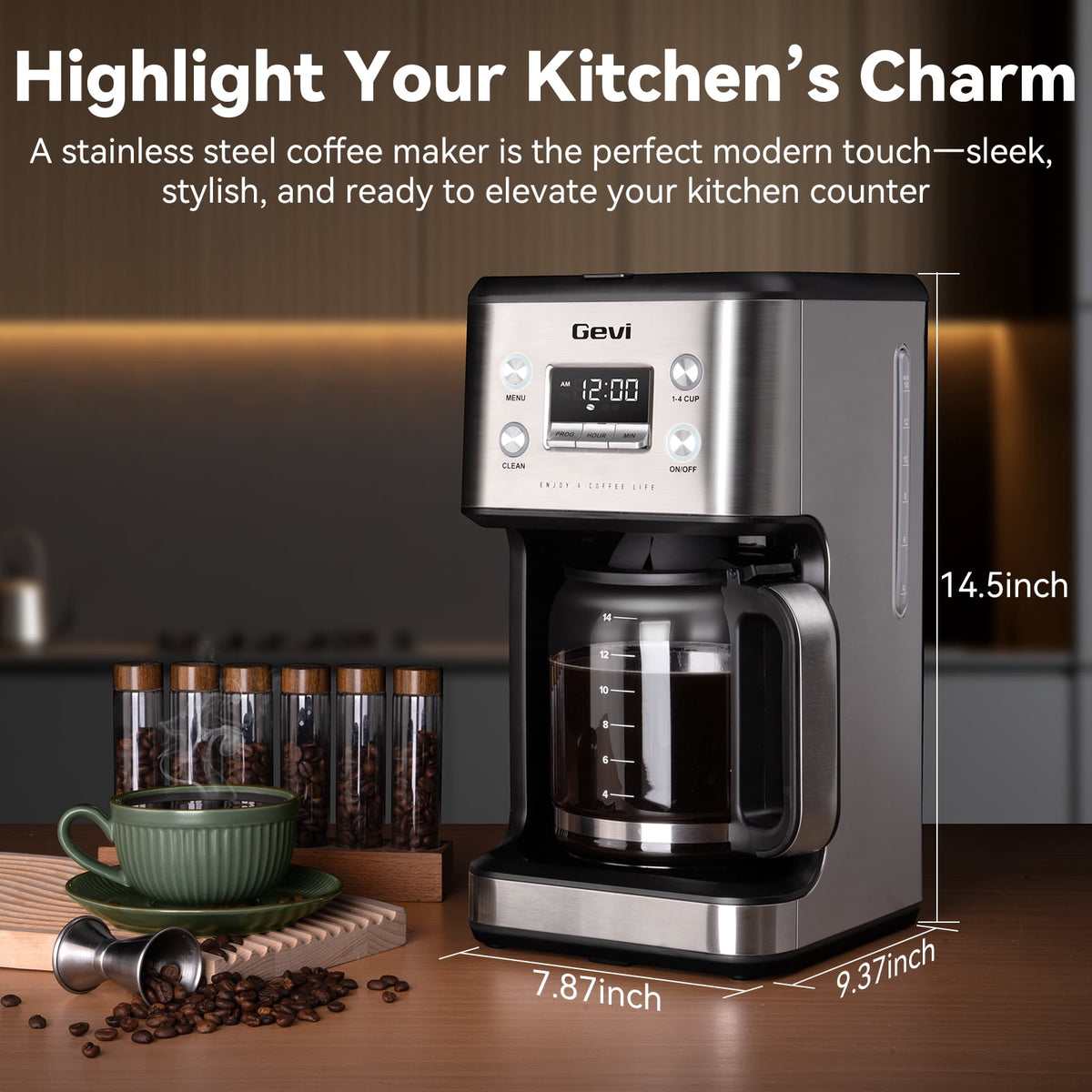 Gevi 14-Cup Programmable Drip Coffee Maker, Stainless Steel Smart Coffee Pot with Touch Control & Automatic Clean, Summer Edition