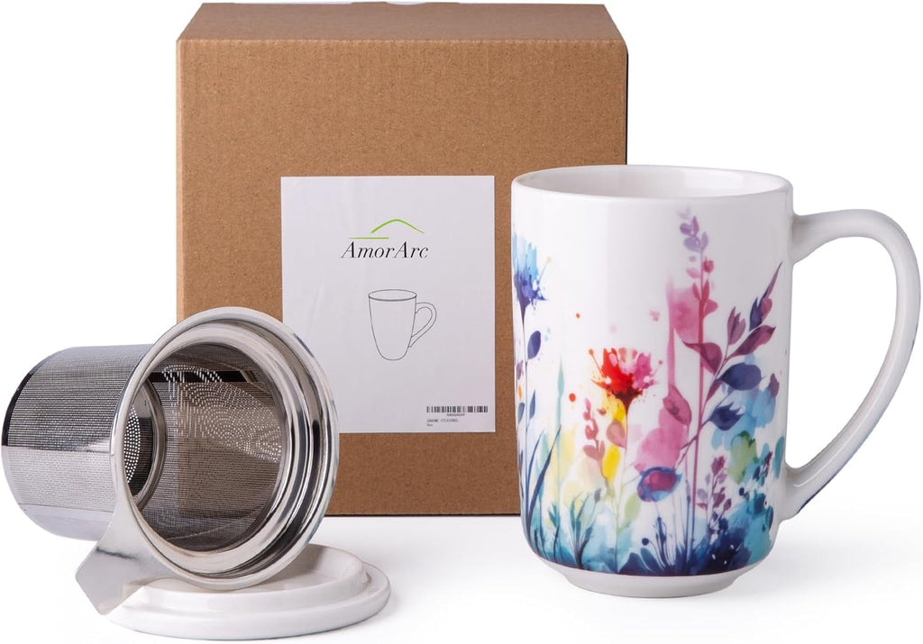 AmorArc Porcelain Tea Mug with Infuser and Lids, 18 Oz Cup Strainer Bag Holder for Loose Leaf Tea, Steeping Coffee Well-wrapped Box House-warming Wedding Birthday Gift, YelloRed