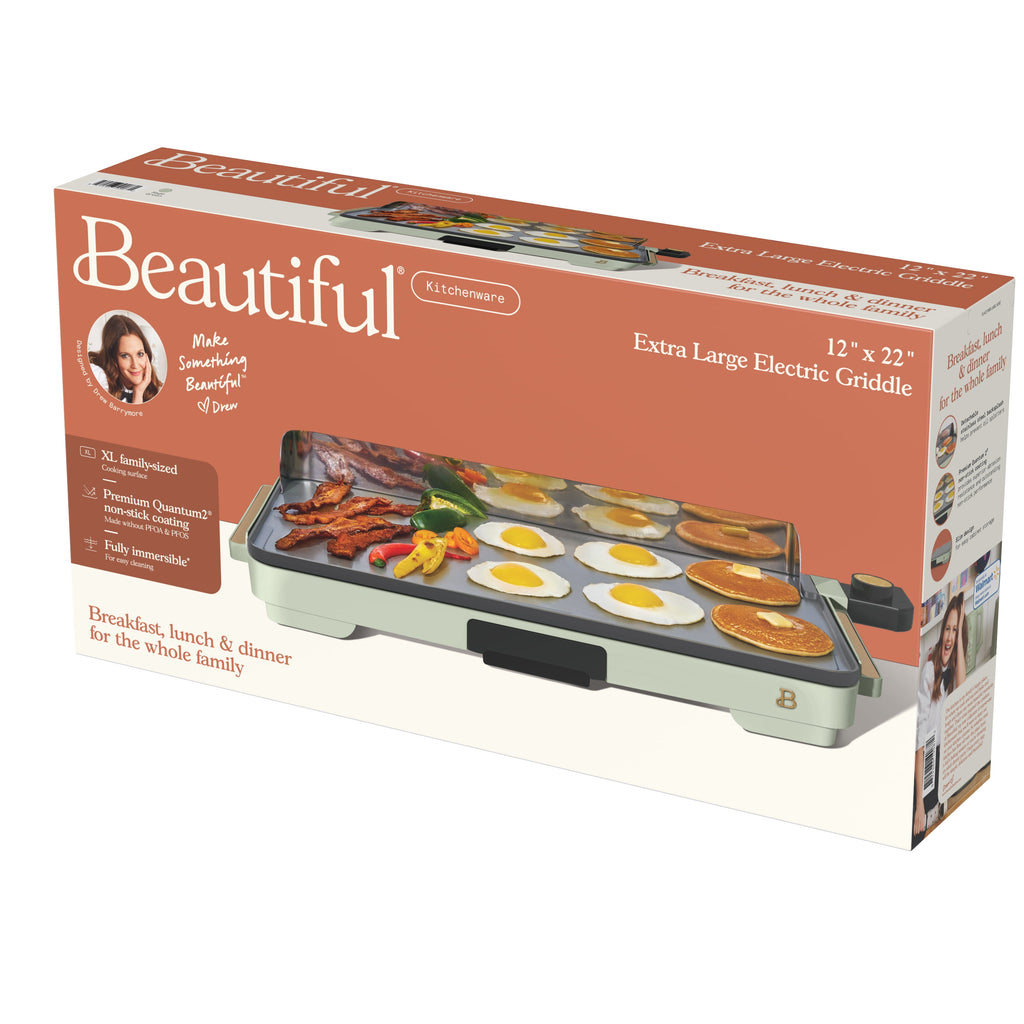 Beautiful XL Electric Griddle 12" x 22" with EverGood Ceramic Nonstick Coating, Thyme Green by Drew Barrymore