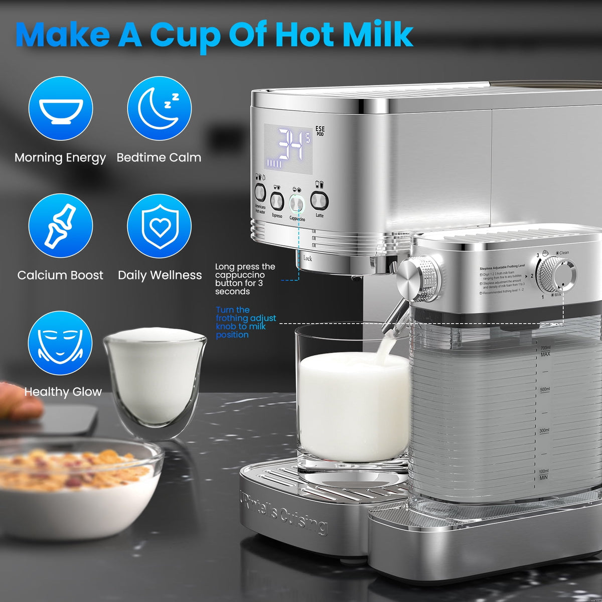 URintells Cuising Espresso Machine, 20 Bar Cappuccino & Latte Machine with Built-In Milk Frother, 1350W, Stainless Steel