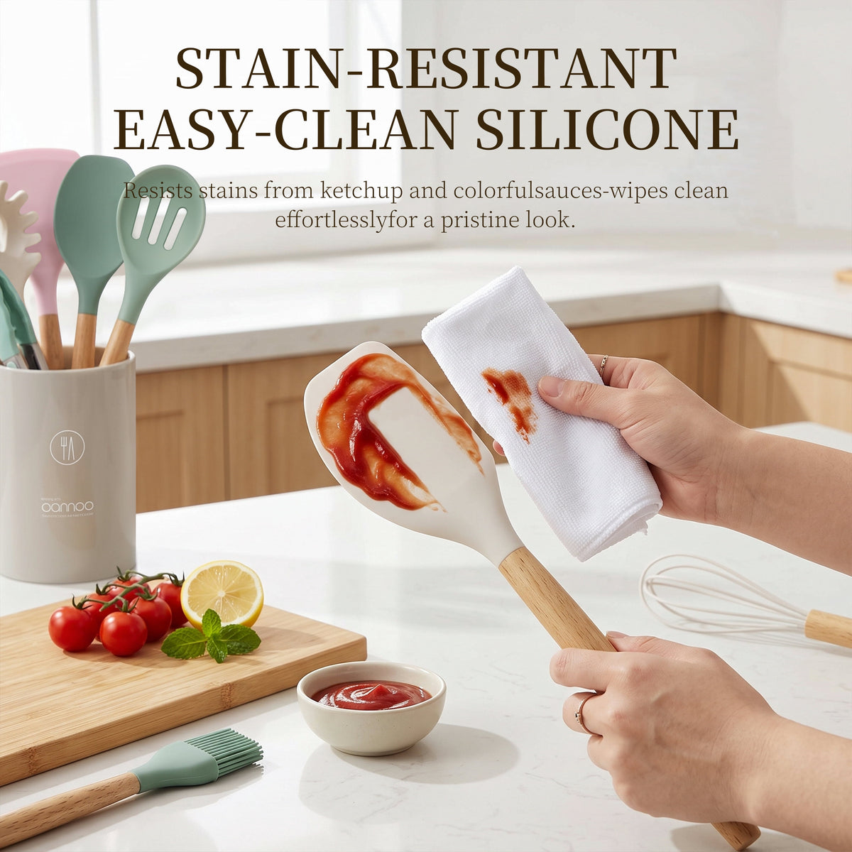 Silicone Cooking Utensils Set - Silicone Kitchen Utensils for Cooking Wooden Handles, 446°F Heat Resistant Kitchen Utensil Spatula Sets w Holder, Gadgets for Non-Stick Cookware BPA FREE (Black)