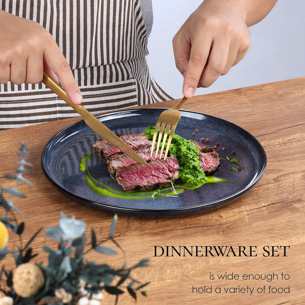 Vesteel Dinnerware Sets for 4, 12-Piece Stoneware Dish and Bowls Set, Handmade Reactive Glaze Coupe Plates Set for Family, Chip & Scratch Resistant - Matte Black
