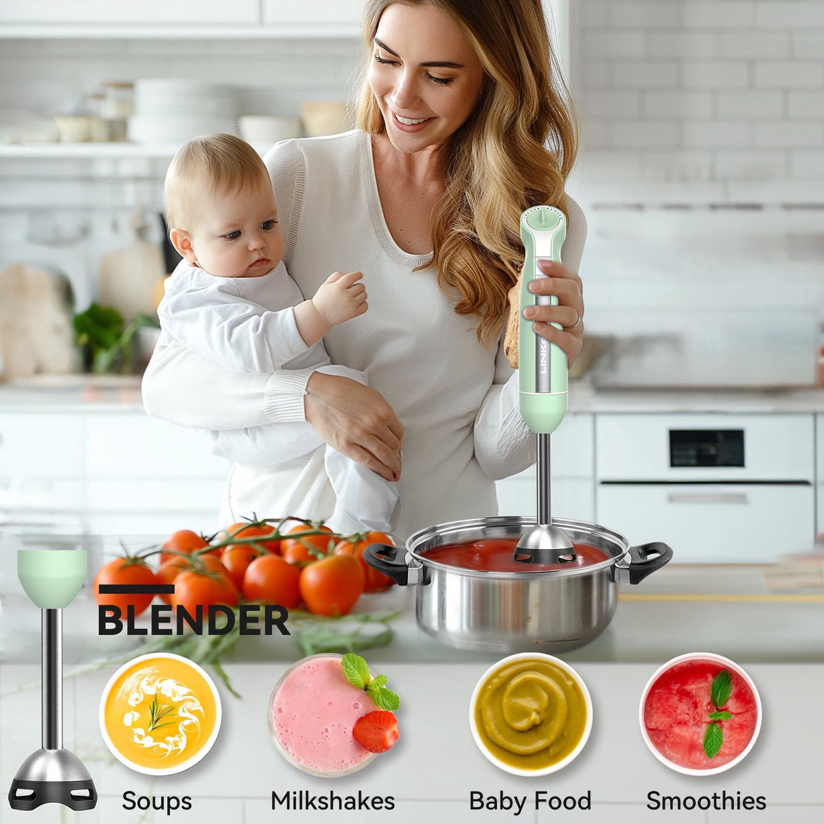 LINKChef Immersion Blender, 1000W 20-Speed 5-in-1 Hand Blender with Turbo Mode, Scratch-Resistant Stick Blender for Baby Food, Ice & Smoothie(Black)