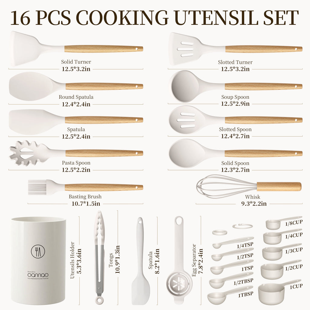 Silicone Cooking Utensils Set - Silicone Kitchen Utensils for Cooking Wooden Handles, 446°F Heat Resistant Kitchen Utensil Spatula Sets w Holder, Gadgets for Non-Stick Cookware BPA FREE (Black)