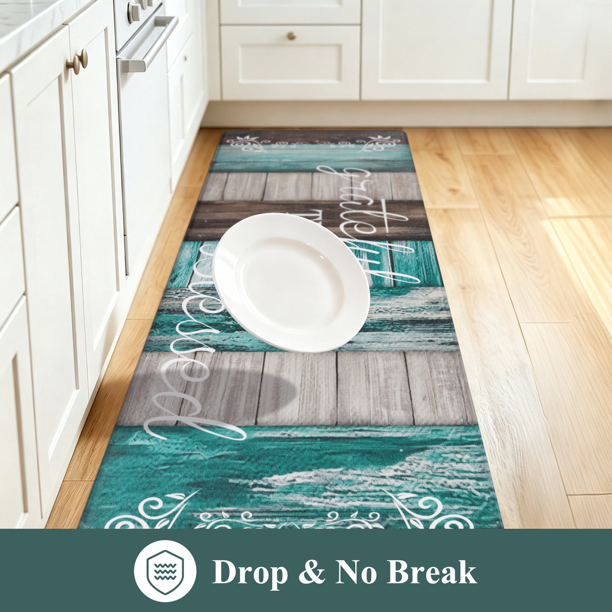 MeyJey Farmhouse Kitchen Rug Set of 2, Non-Slip Anti-Fatigue Waterproof Cushioned Mat for Kitchen, Dining & Laundry Room, 18"x30"+18"x48" Teal/Brown