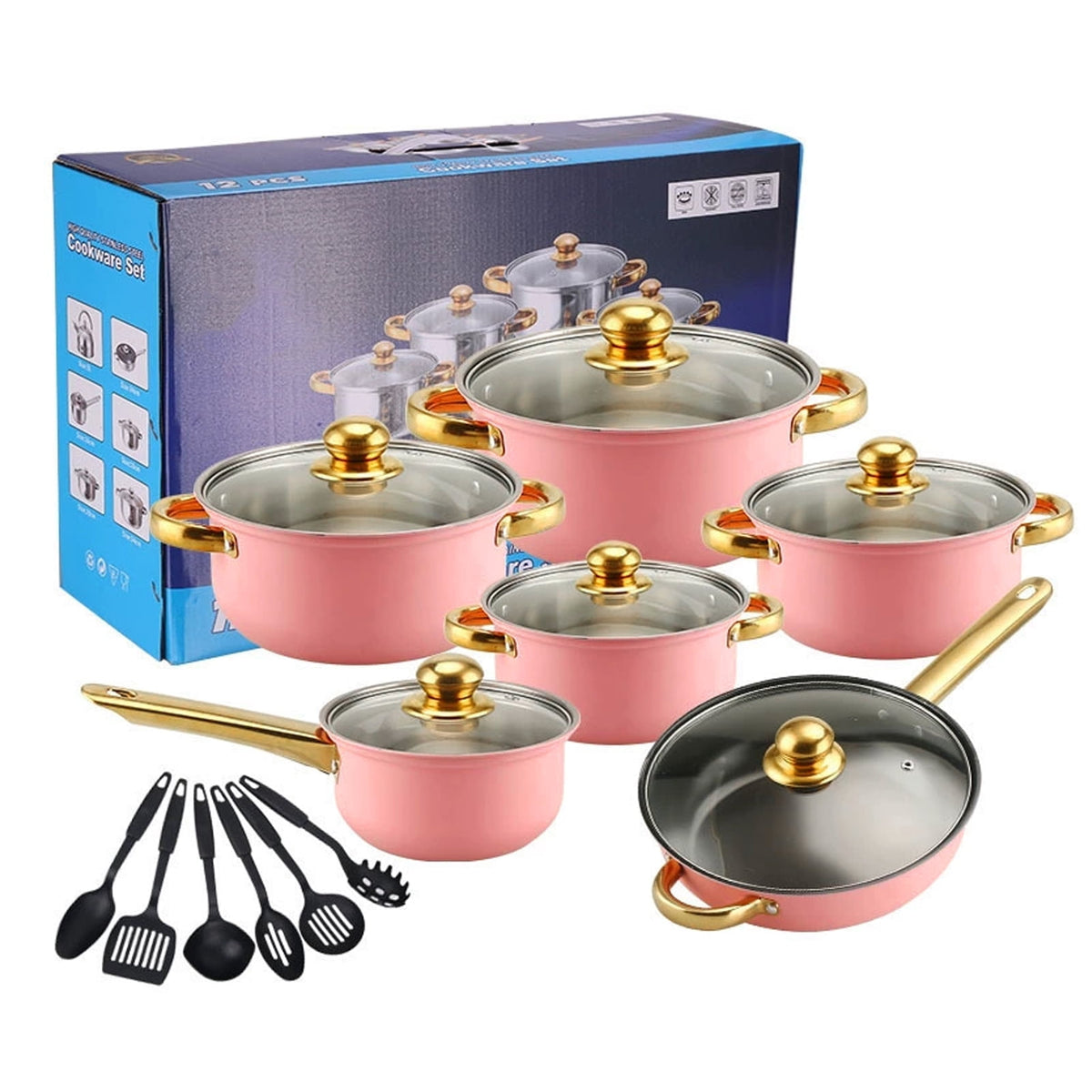 12 Piece Stainless Steel Cookware Set, Nonstick Cookware Set, Kitchen Pots and Pans Tea Kettle Set with Glass Lid for Cooking, Dishwasher, Pink